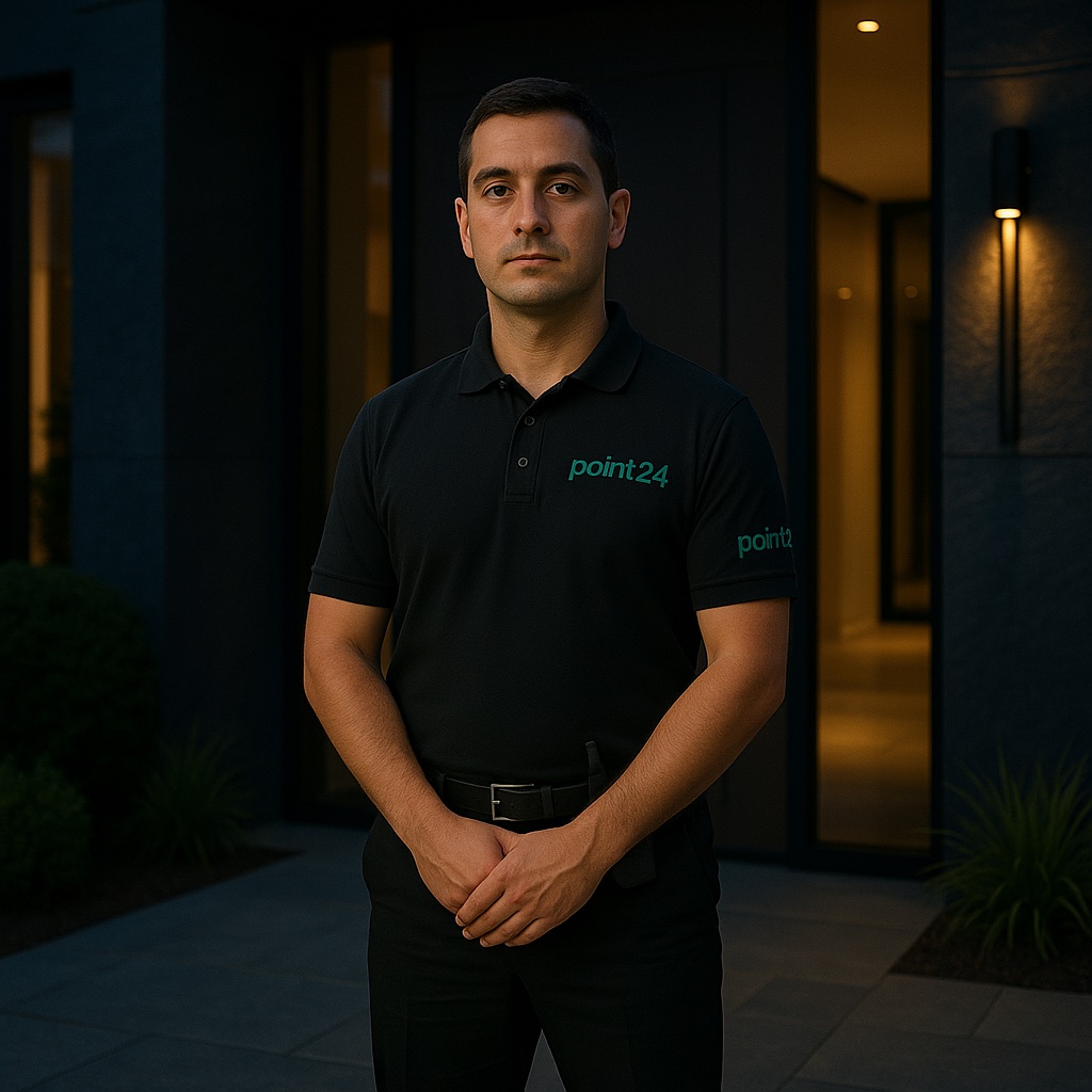 Άντρας φύλακας Point24 σε προσαρμοσμένη προστασία υψηλών προδιαγραφών.