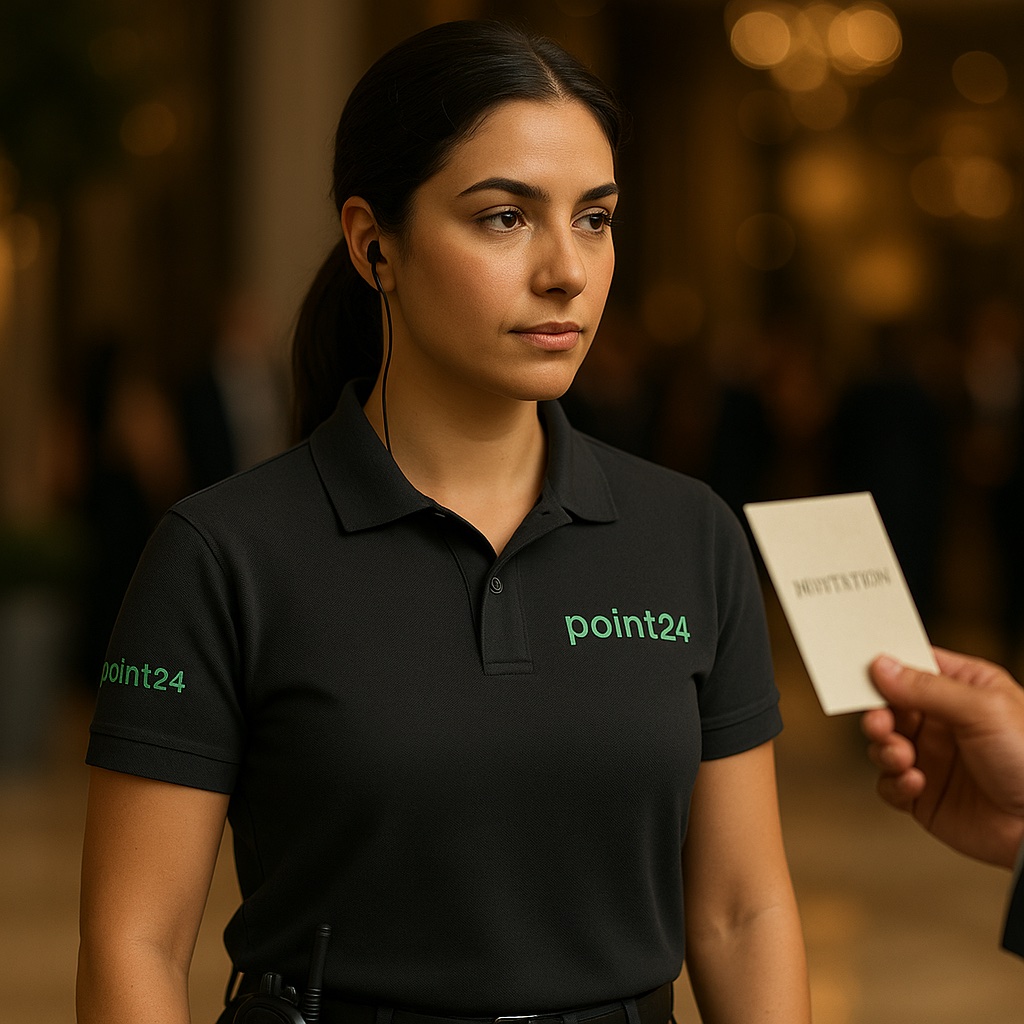 Γυναίκα φύλακας Point24 σε διακριτική παρουσία σε κοινωνική εκδήλωση
